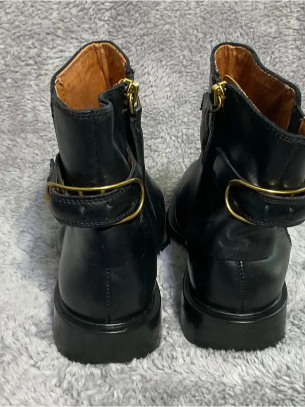 New Franco Sarto Elese Leather Black Ankle boots with Gold Buckle size 5M